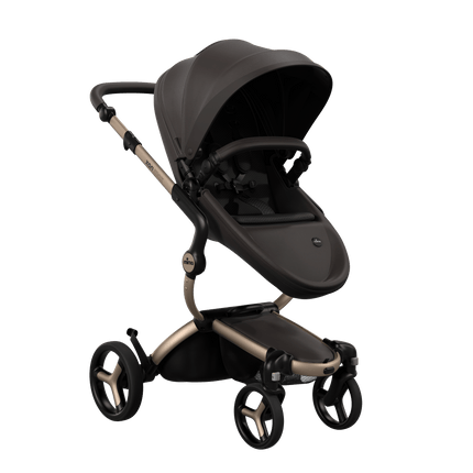 Mima XARI MAX stroller with a chocolate brown seat and black pad on a champge chassis, featuring a sleek design.