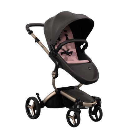 Mima XARI MAX stroller with a chocolate brown seat and pink pad on a champge chassis, featuring a sleek design.