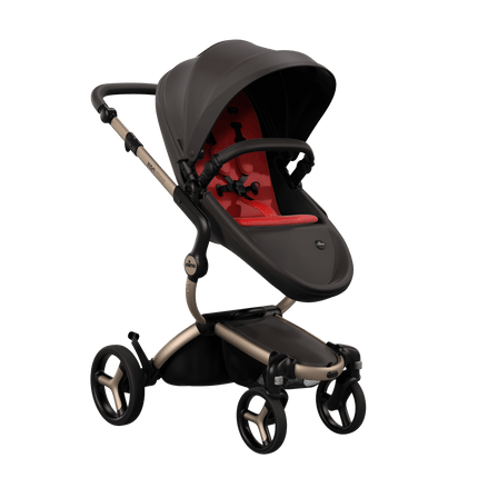 Mima XARI MAX stroller with a chocolate brown seat and red pad on a champge chassis, featuring a sleek design.