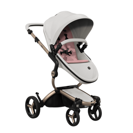 Mima XARI MAX stroller with champagne chassis, snow white seat, and pink pad, elegant design for modern parents.