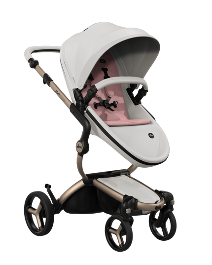 Mima XARI MAX stroller with champagne chassis, snow white seat, and pink pad, elegant design for modern parents.