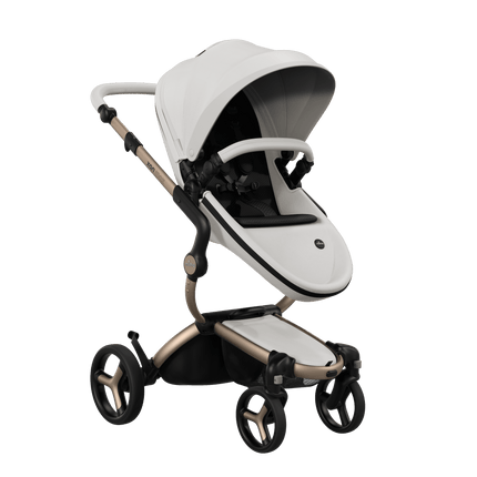 Mima XARI MAX stroller, champagne chassis, snow white seat, black pad. Modern elegance with high functionality.