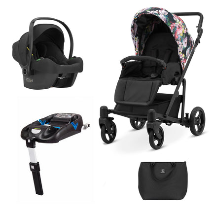 Kunert Stroller ROY in Delicate Flowers with Black Frame + Cosmo Car Seat and ISOFXI BASE by KIDZNBABY