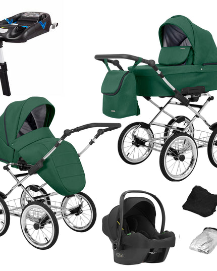 Kunert Romantic Stroller Color: Romantic Green Frame Color: Chrome Frame Combo: 4 IN 1 (Includes Car Seat + ISOFIX Base) KIDZNBABY