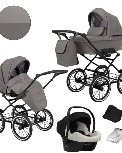 Kunert Romantic Stroller Color: Romantic Graphite Eco Leather Frame Color: Black Frame Combo: 3 IN 1 (Includes Car Seat) KIDZNBABY