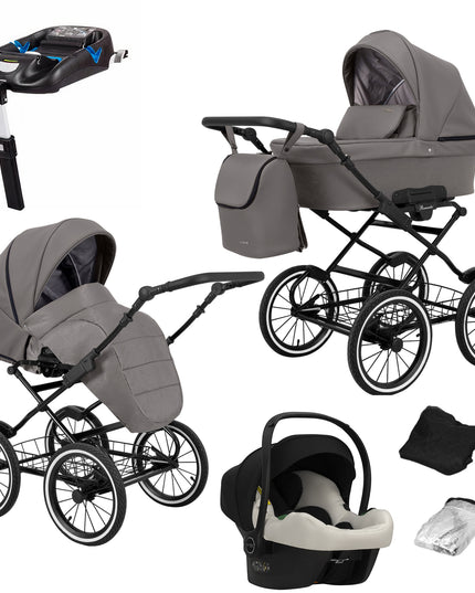 Kunert Romantic Stroller Color: Romantic Graphite Eco Leather Frame Color: Black Frame Combo: 4 IN 1 (Includes Car Seat + ISOFIX Base) KIDZNBABY