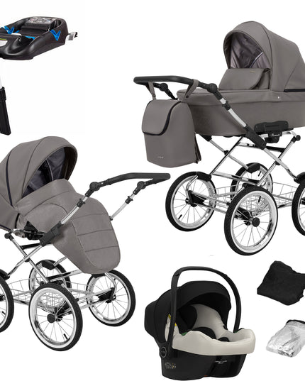 Kunert Romantic Stroller Color: Romantic Graphite Eco Leather Frame Color: Chrome Frame Combo: 4 IN 1 (Includes Car Seat + ISOFIX Base) KIDZNBABY