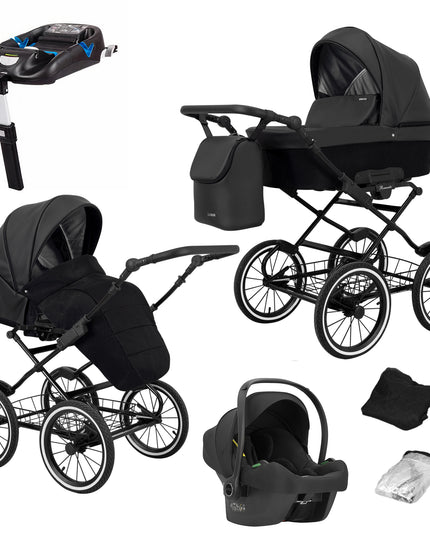 Kunert Romantic Stroller Color: Romantic Black Eco Leather Frame Color: Black Frame Combo: 4 IN 1 (Includes Car Seat + ISOFIX Base) KIDZNBABY