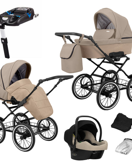 Kunert Romantic Stroller Color: Romantic Cappuciono Eco Leather Frame Color: Black Frame Combo: 4 IN 1 (Includes Car Seat + ISOFIX Base) KIDZNBABY