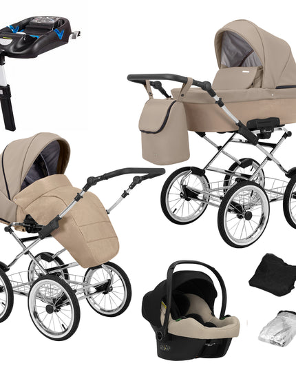 Kunert Romantic Stroller Color: Romantic Cappuciono Eco Leather Frame Color: Chrome Frame Combo: 4 IN 1 (Includes Car Seat + ISOFIX Base) KIDZNBABY