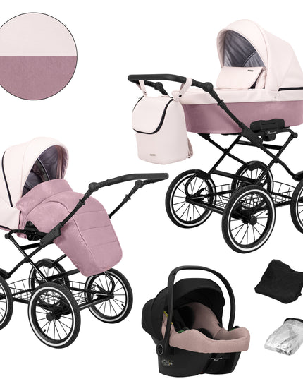 Kunert Romantic Stroller Color: Romantic Pink Eco Leather Frame Color: Black Frame Combo: 3 IN 1 (Includes Car Seat) KIDZNBABY