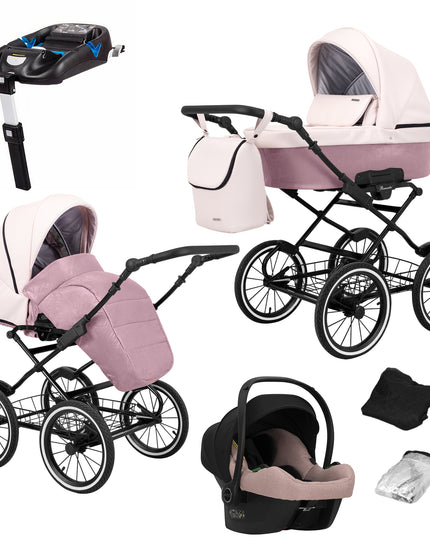 Kunert Romantic Stroller Color: Romantic Pink Eco Leather Frame Color: Black Frame Combo: 4 IN 1 (Includes Car Seat + ISOFIX Base) KIDZNBABY