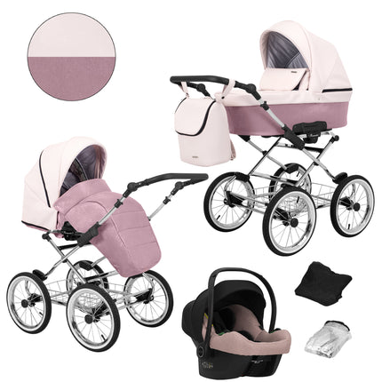 Kunert Romantic Stroller Color: Romantic Pink Eco Leather Frame Color: Chrome Frame Combo: 3 IN 1 (Includes Car Seat) KIDZNBABY