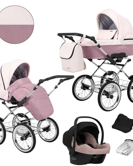 Kunert Romantic Stroller Color: Romantic Pink Eco Leather Frame Color: Chrome Frame Combo: 3 IN 1 (Includes Car Seat) KIDZNBABY