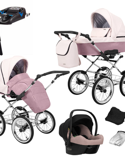 Kunert Romantic Stroller Color: Romantic Pink Eco Leather Frame Color: Chrome Frame Combo: 4 IN 1 (Includes Car Seat + ISOFIX Base) KIDZNBABY