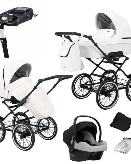 Kunert Romantic Stroller Color: Romantic White Eco Leather Frame Color: Black Frame Combo: 4 IN 1 (Includes Car Seat + ISOFIX Base) KIDZNBABY