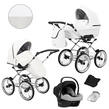 Kunert Romantic Stroller Color: Romantic White Eco Leather Frame Color: Chrome Frame Combo: 3 IN 1 (Includes Car Seat) KIDZNBABY