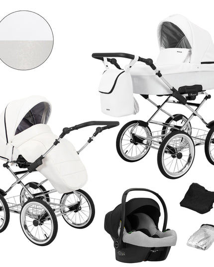 Kunert Romantic Stroller Color: Romantic White Eco Leather Frame Color: Chrome Frame Combo: 3 IN 1 (Includes Car Seat) KIDZNBABY