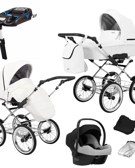 Kunert Romantic Stroller Color: Romantic White Eco Leather Frame Color: Chrome Frame Combo: 4 IN 1 (Includes Car Seat + ISOFIX Base) KIDZNBABY