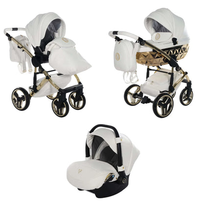 Junama Diamond Stroller Hand Craft in White + Gold, Combo: 3 IN 1 (Includes Car Seat) by KIDZNBABY