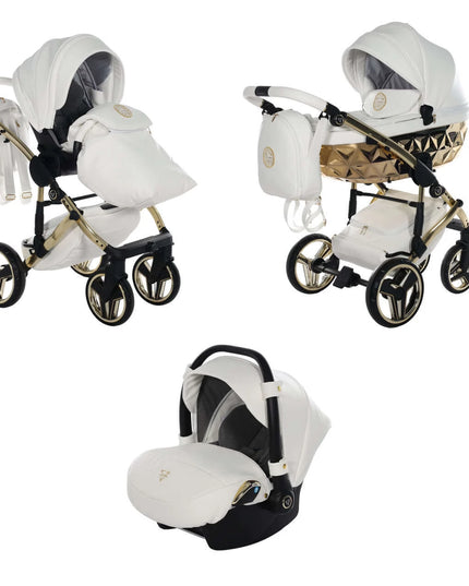 Junama Diamond Stroller Hand Craft in White + Gold, Combo: 3 IN 1 (Includes Car Seat) by KIDZNBABY