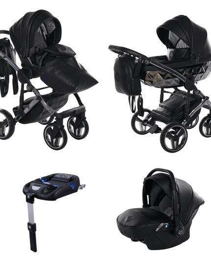 Junama Diamond Stroller Hand Craft in Black, Combo: 4 IN 1 (Includes Car Seat + Isofix Base) by KIDZNBABY