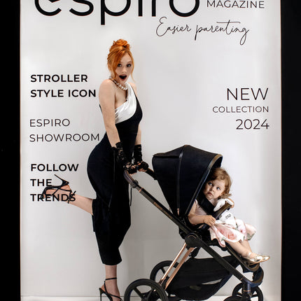 Espiro Miloo Way - Chic mother with a child in a stroller, spotlighting the latest 2024 trends.