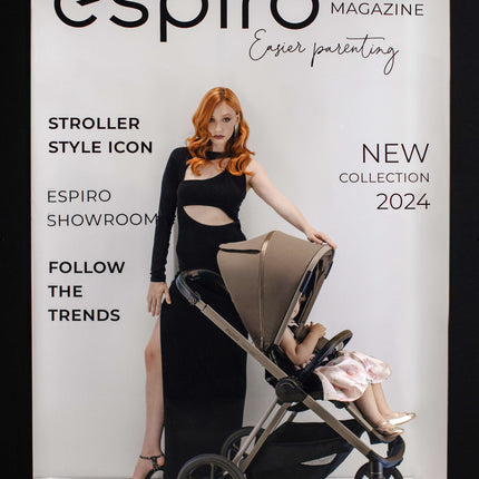 Espiro Miloo Way - Fashionable mother with a child in a stroller, showcasing the 2024 collection