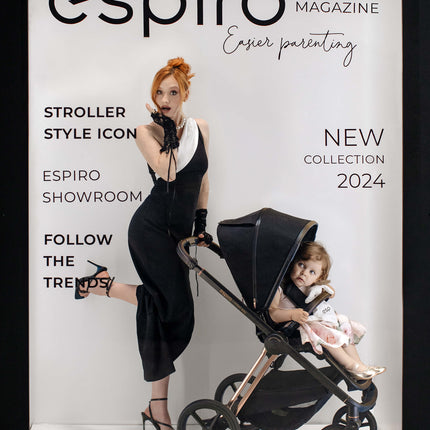 Espiro Miloo Way - Modern mother posing with a child in a stroller, new 2024 fashion trends.