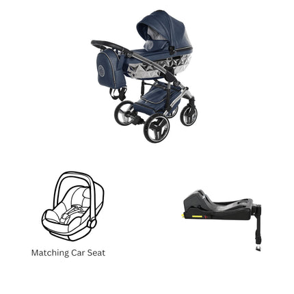 Junama Diamond Hand Craft FERO Stroller with Car Seat and ISOFIX Base In Blue