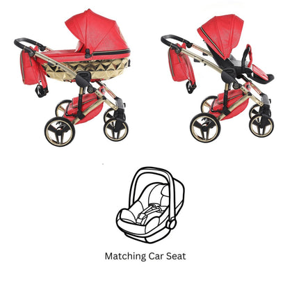 Junama Diamond Hand Craft FERO Stroller with Car Seat In Red + Gold 