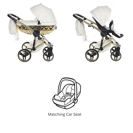Junama Diamond Hand Craft FERO Stroller with Car Seat In White + Gold