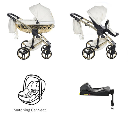 Junama Diamond Hand Craft FERO Stroller with Car Seat and ISOFIX Base In White + Gold