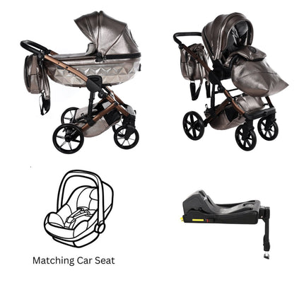 Junama Diamond Hand Craft GLOSSY Stroller Brown with Car Seat and ISOFIX Base