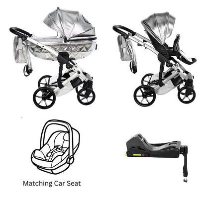 Junama Diamond Hand Craft GLOSSY Stroller Silver with Car Seat and ISOFIX Base