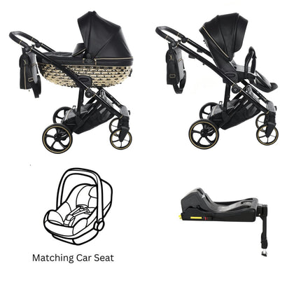 Junama Diamond ZOOMI Stroller in Black and Gold with Car Seat and ISOFIX Base