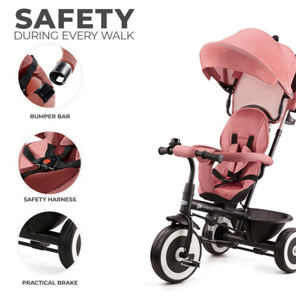 Safety features of Kinderkraft Tricycle ASTON with bumper bar and harness.