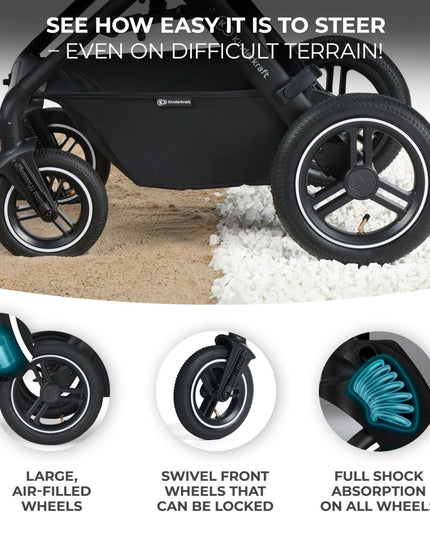 Kinderkraft B-TOUR 3 IN 1 stroller highlighting all-terrain wheels