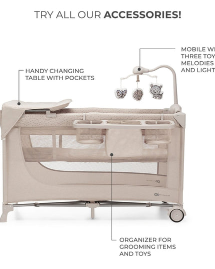 Kinderkraft JOY 2 Baby Travel Cot with changing table, mobile, and organizer for convenient baby care.