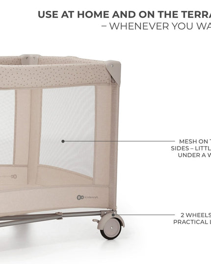 Kinderkraft JOY 2 Baby Travel Cot with mesh sides for visibility and wheels with locks for indoor and terrace use.