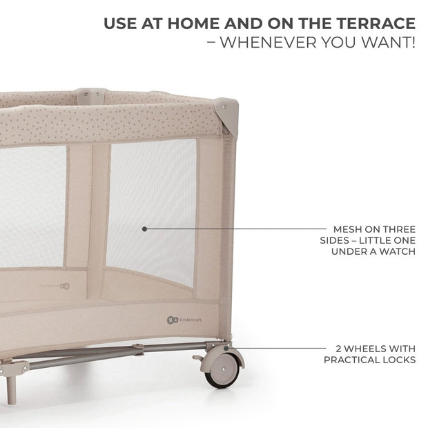 Kinderkraft JOY 2 Baby Travel Cot with mesh sides for visibility and wheels with locks for indoor and terrace use.