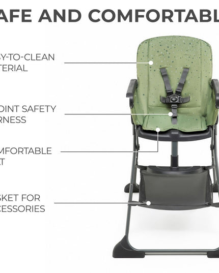 Safe Kinderkraft High Chair FOLDEE with 5-point harness and comfort seat.