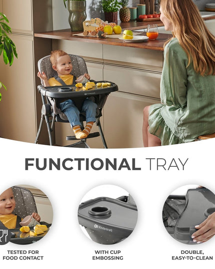 Baby in Kinderkraft High Chair FOLDEE with functional, easy-clean tray.