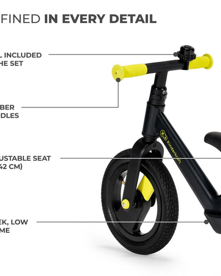 Detailed view of the black Kinderkraft GOSWIFT Balance Bike's features including bell and adjustable seat.