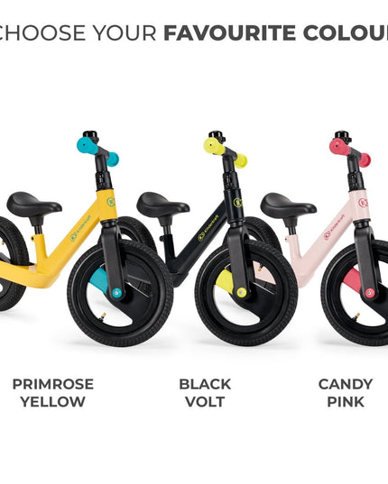 Three Kinderkraft GOSWIFT Balance Bikes in primrose yellow, black volt, and candy pink colors.