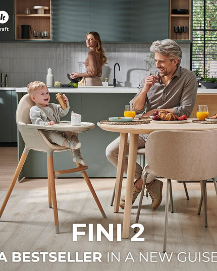 Kinderkraft FINI 2 High Chair in beige with a happy baby and family at breakfast