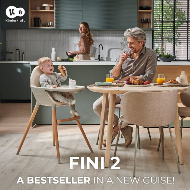 Kinderkraft FINI 2 High Chair in beige with a happy baby and family at breakfast