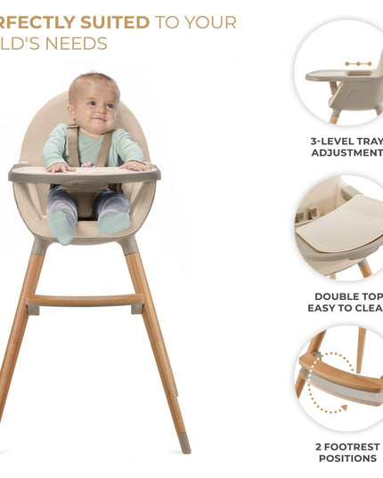 Baby in a Kinderkraft FINI 2 High Chair with adjustable tray and footrest positions