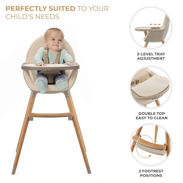 Baby in a Kinderkraft FINI 2 High Chair with adjustable tray and footrest positions