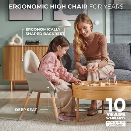Kinderkraft FINI 2 ergonomic beige high chair with a child and 10-year warranty